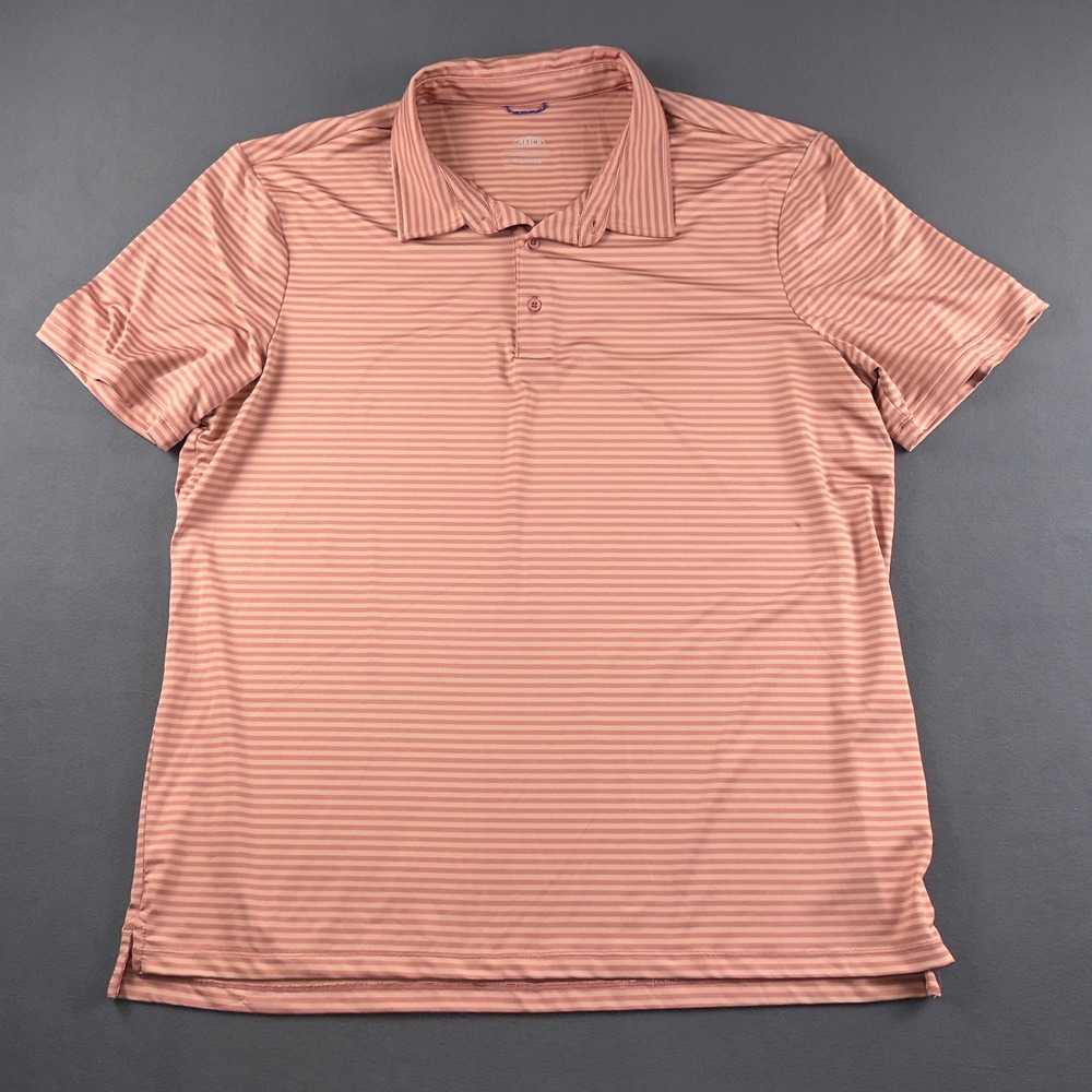 AFTCO Men XL Striped Performance Polo Shirt Coral Pink Short Sleeve Fishing Golf